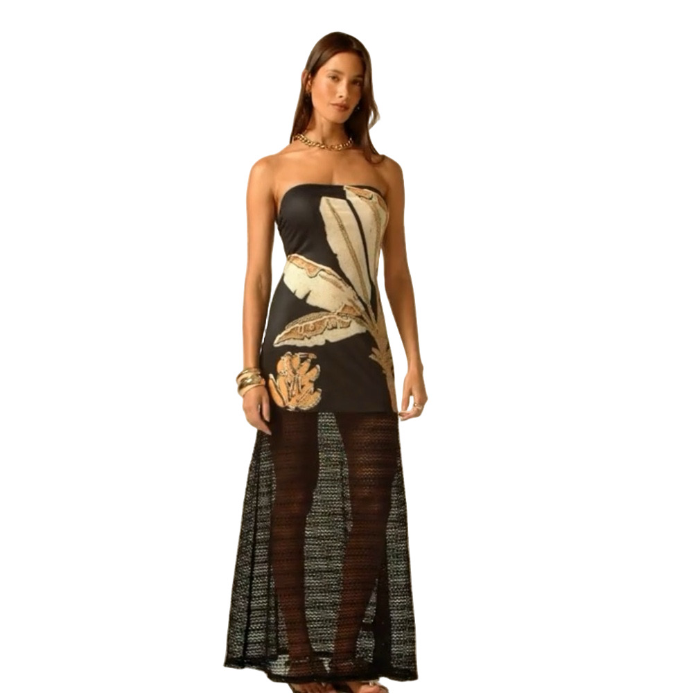 CAJUNI Tropical Banana Tree Print Panel Black Strapless Mesh Dress Women’s Sz XL